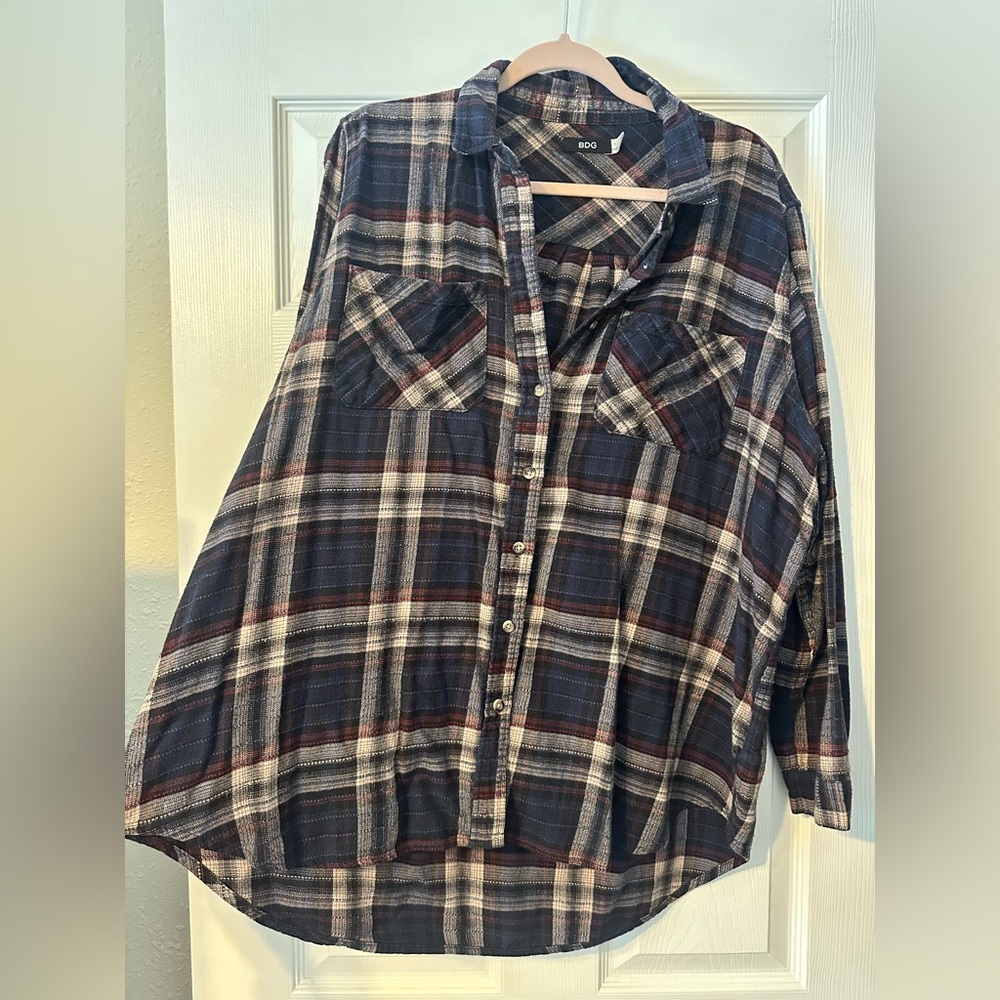 BDG Navy, White & Burgundy Plaid Button-Down Shirt